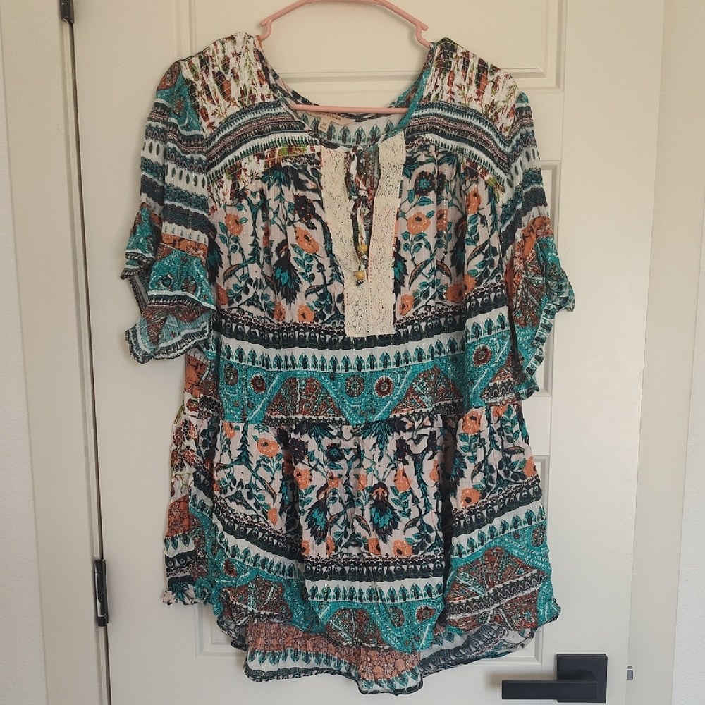 Bohemian Floral Print Blouse - Teal and Orange